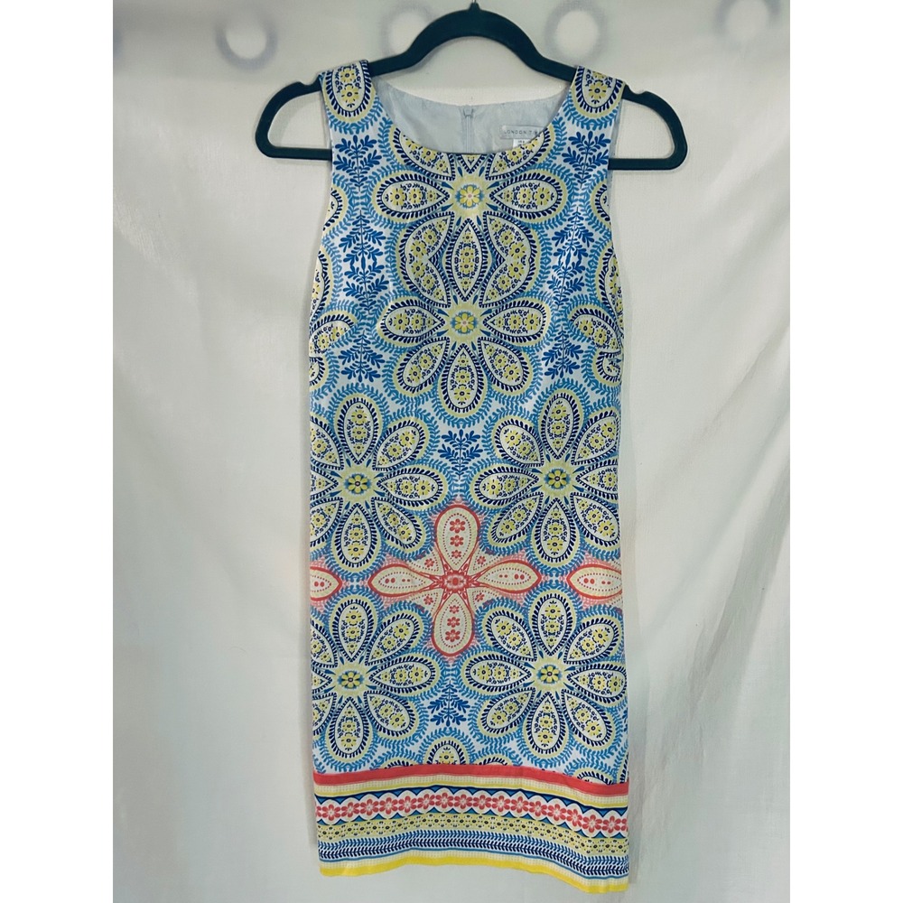 London Times Blue Yellow Floral Medallion Sheath Dress Sleeveless Size 8 Cotton